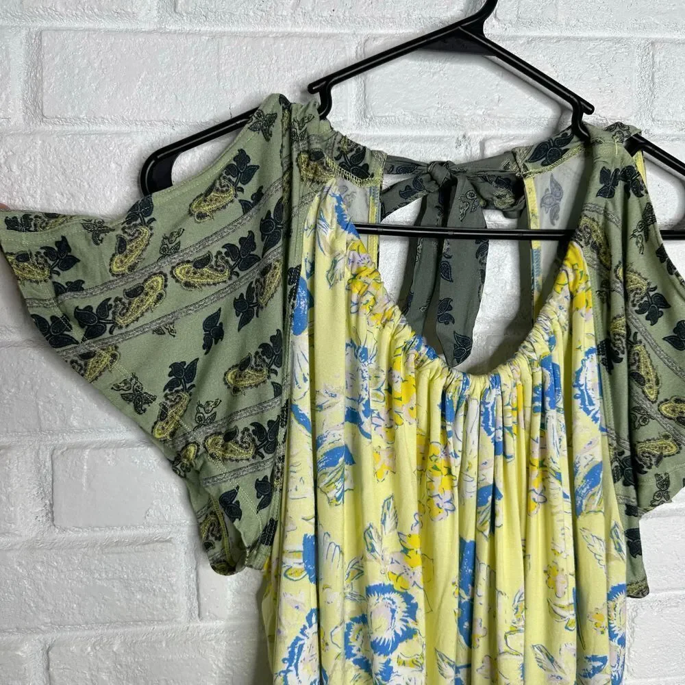 Free People Baja Babe Tie Back Cold Shoulder Top Yellow and Green size‎ Small